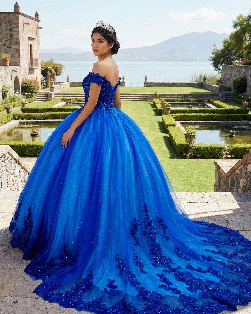 Royal Blue Tulle Off The Shoulder Quinceanera Dress - KissProm