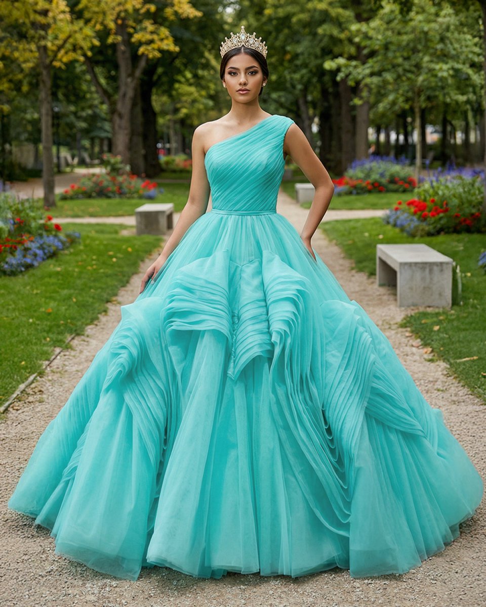 One - Shoulder Sleeveless Ball Gown Court Train Quinceanera Dress - KissProm