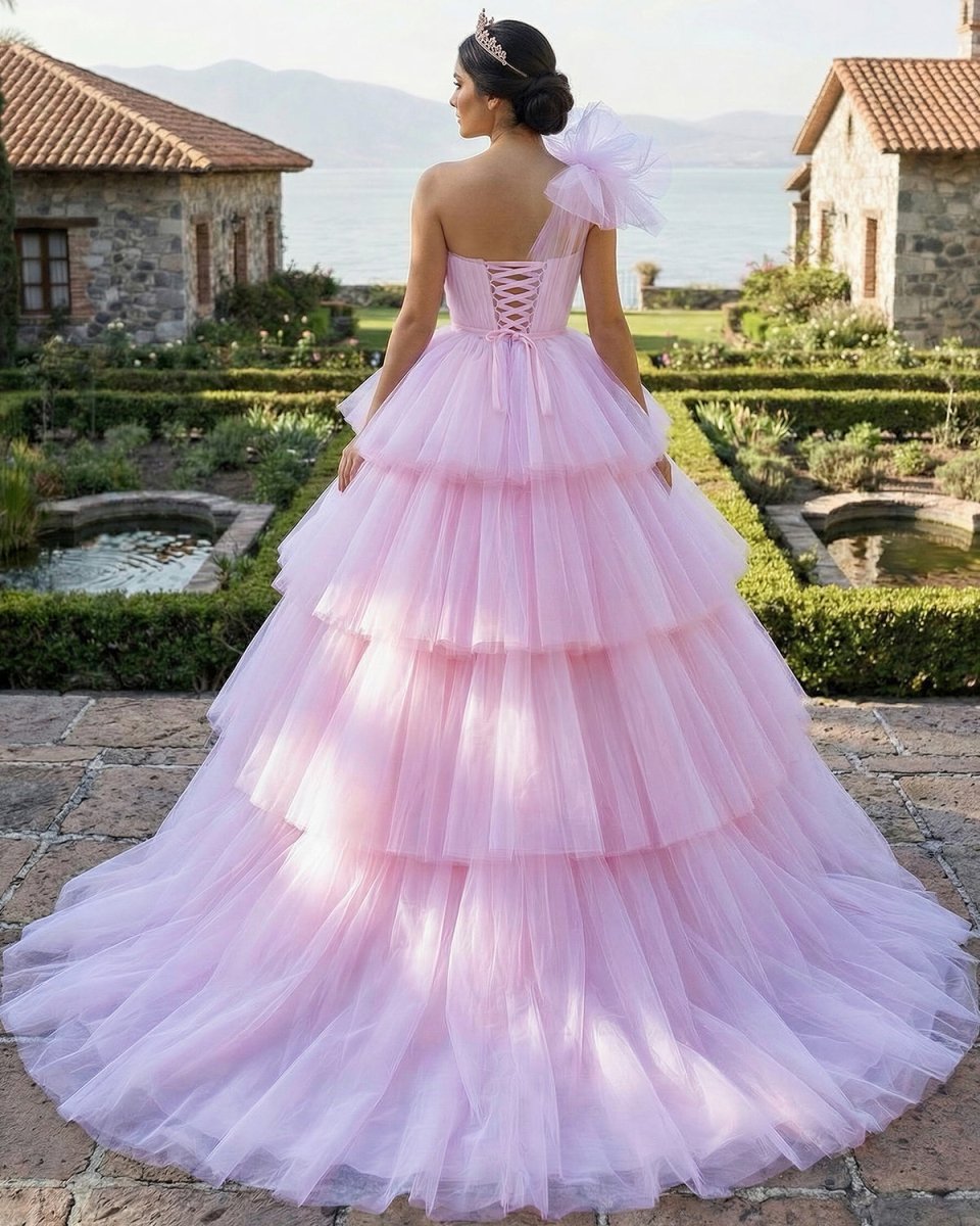 Pink A - line Tiered One Shoulder Tulle Ball Gown Pink Quinceanera Dresses - KissProm