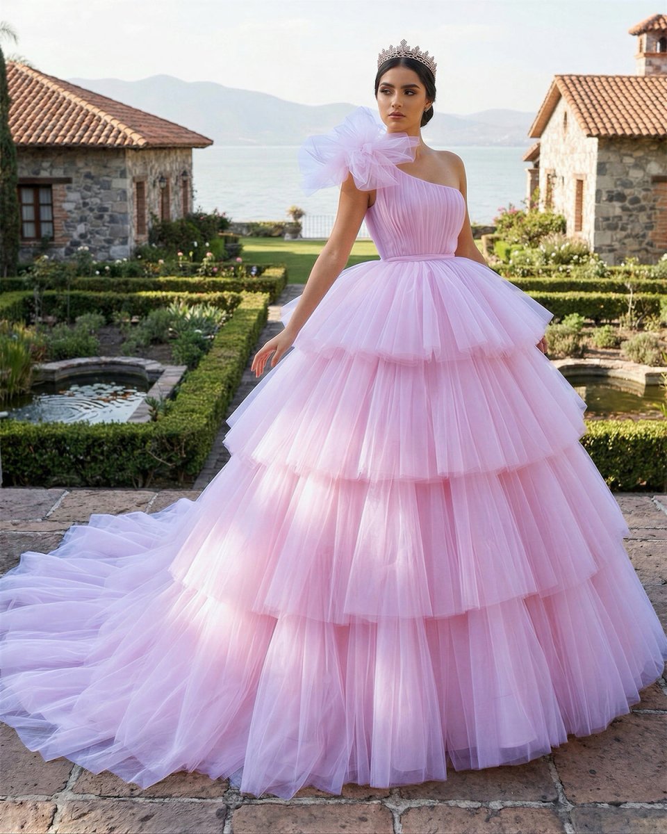 Pink A - line Tiered One Shoulder Tulle Ball Gown Pink Quinceanera Dresses - KissProm