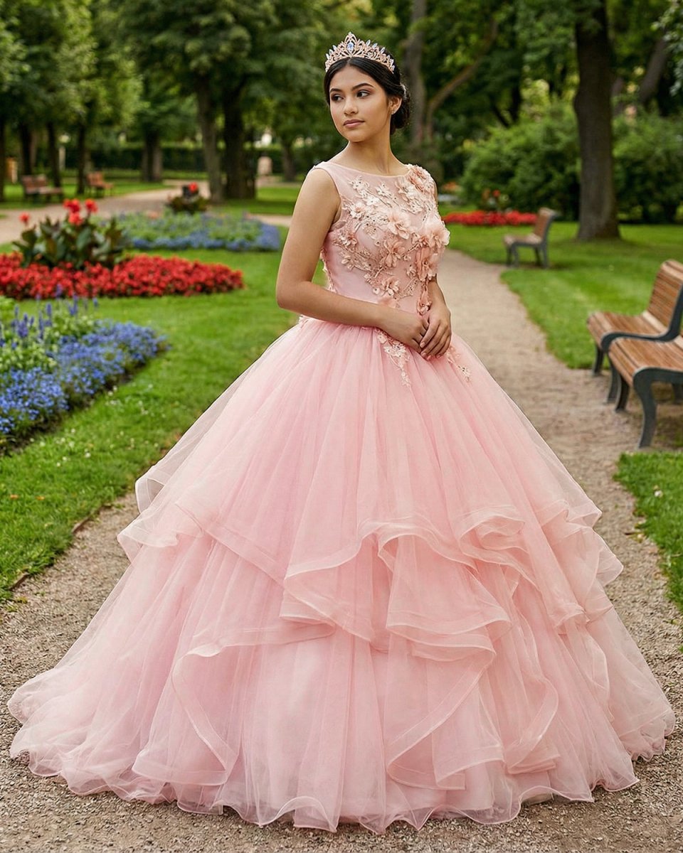 Pink A Line Organza Floor - Length Prom Dress with Appliqued - KissProm