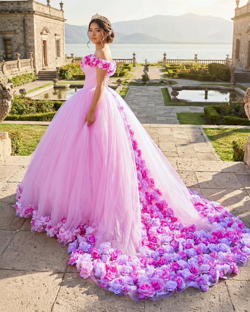 Pink Cathedral Train 3D Flowers Applique Wedding Gown Quinceanera Dresses - KissProm