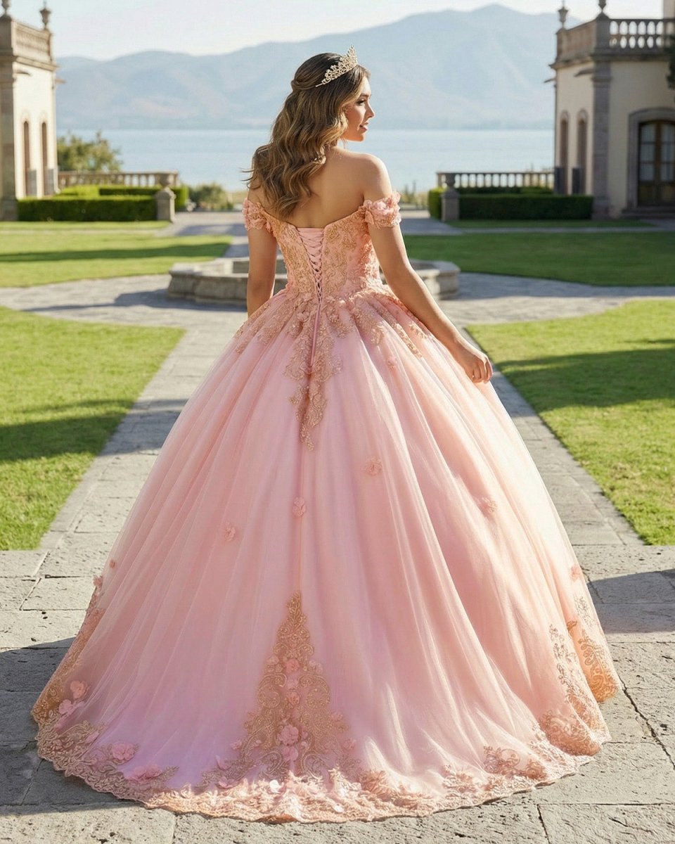Pink Off The Shoulder Embroidered Lace Ball Gown Quinceanera Dresses - KissProm