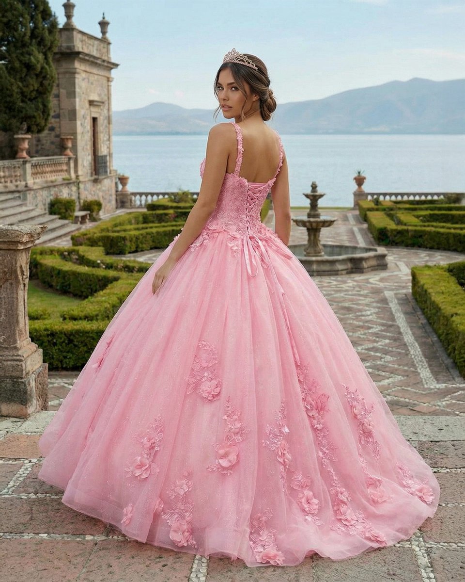 Pink Tulle Floral Appliques Sweetheart Lace - Up Quinceanera Dress - KissProm