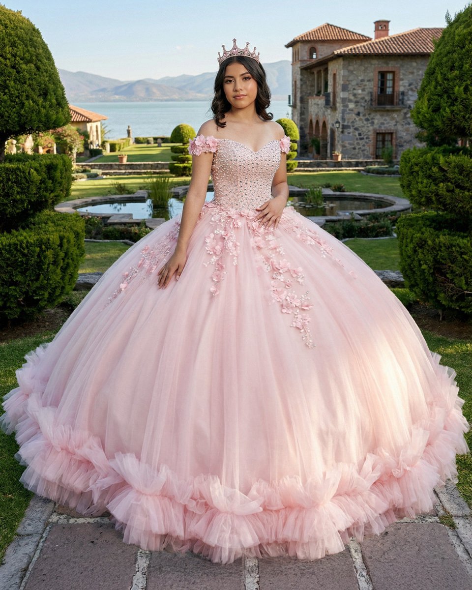 Pink Off - the - Shoulder Lace - Up Back Quinceanera Dress Ball Gown - KissProm