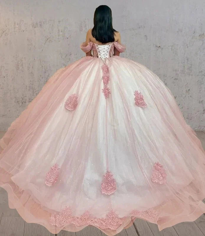 Pink Quinceanera Dresses Off The Shoulder with Appliques - KissProm