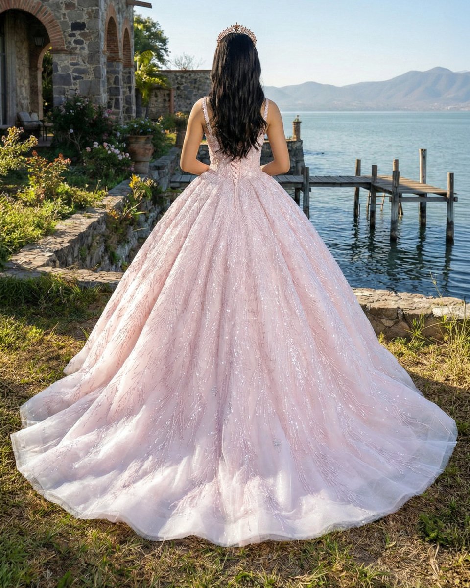 Pink Straps Sequin Beaded Long Ball Gown Quinceanera Dresses - KissProm