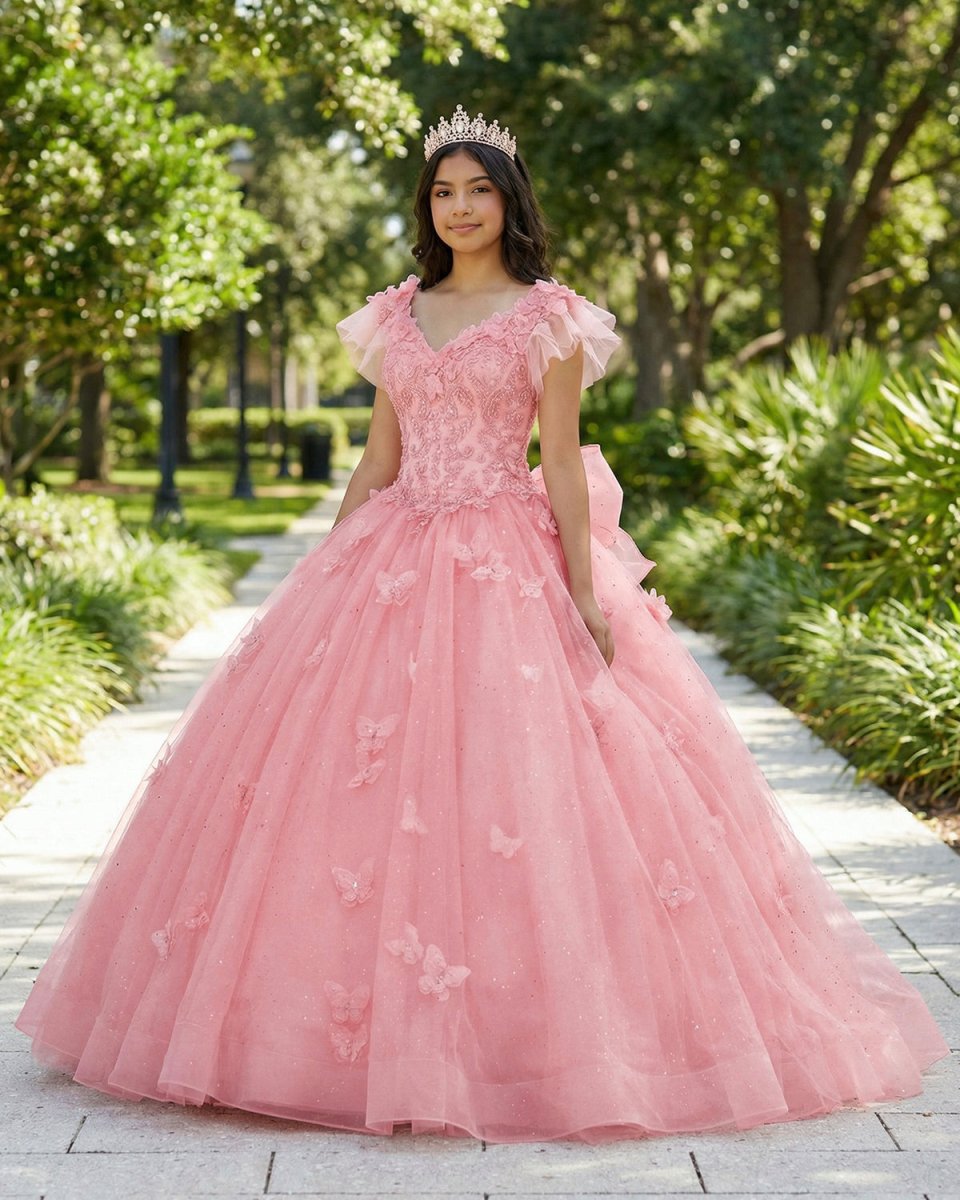 Pink Tulle 3D Floral Lace Bow - Back Quinceanera Dress with Flutter Sleeves - KissProm