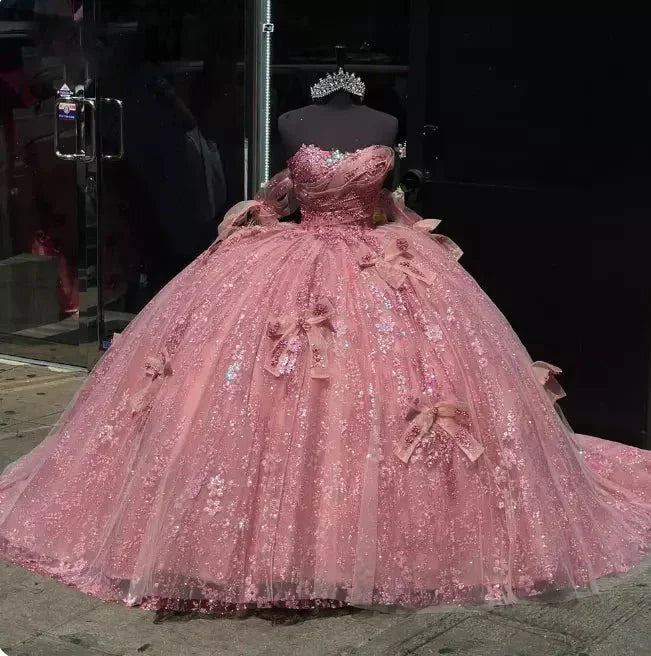 Pink Tulle Ball - Gown Off - the - Shoulder Quinceanera Dresses - KissProm