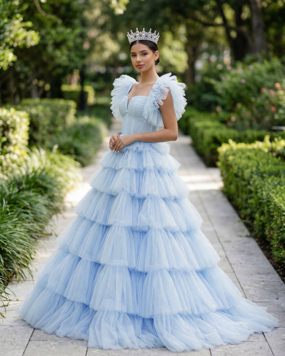 Pleated Tulle Ball Gown Ruffle Tiered Long Quinceanera Dresses - KissProm
