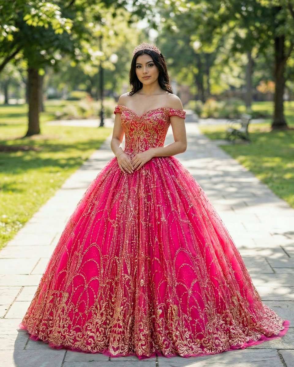 Quinceanera Dress Princess Off - the - Shoulder Red Sequin Lace Ball Gown - KissProm