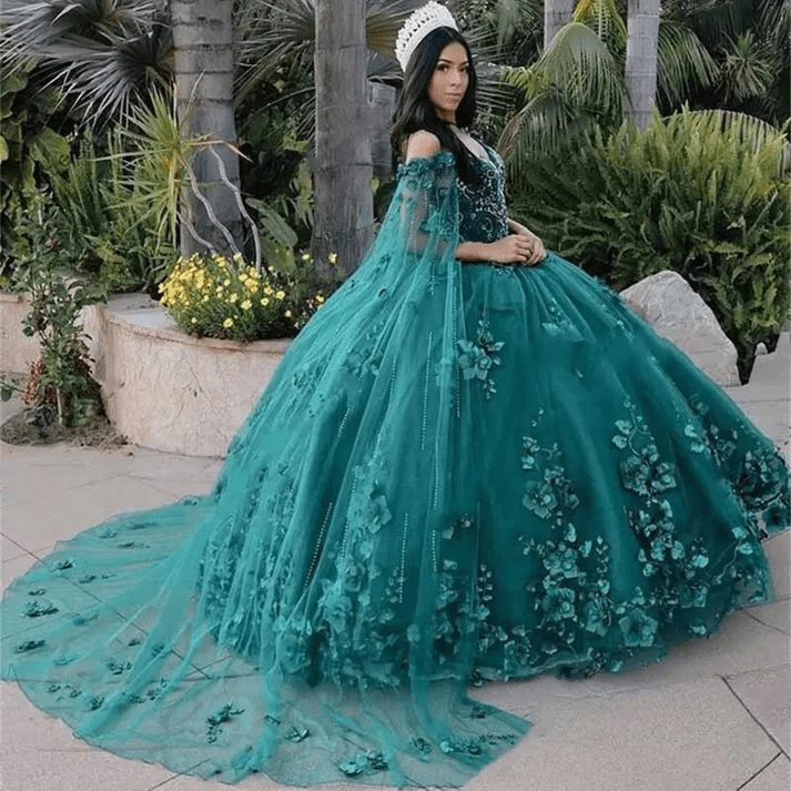 Alethea | Dark Green Organza Off-the-Shoulder Ball Gown Quinceanera Dress