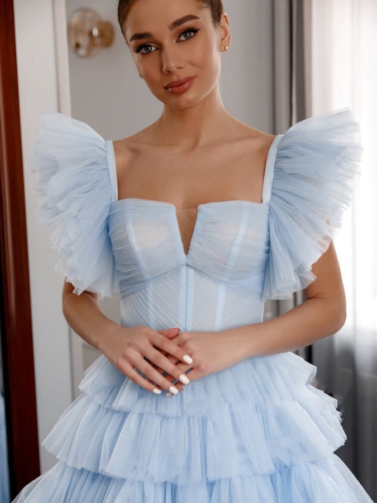 Pleated Tulle Ball Gown Ruffle Tiered Long Quinceanera Dresses