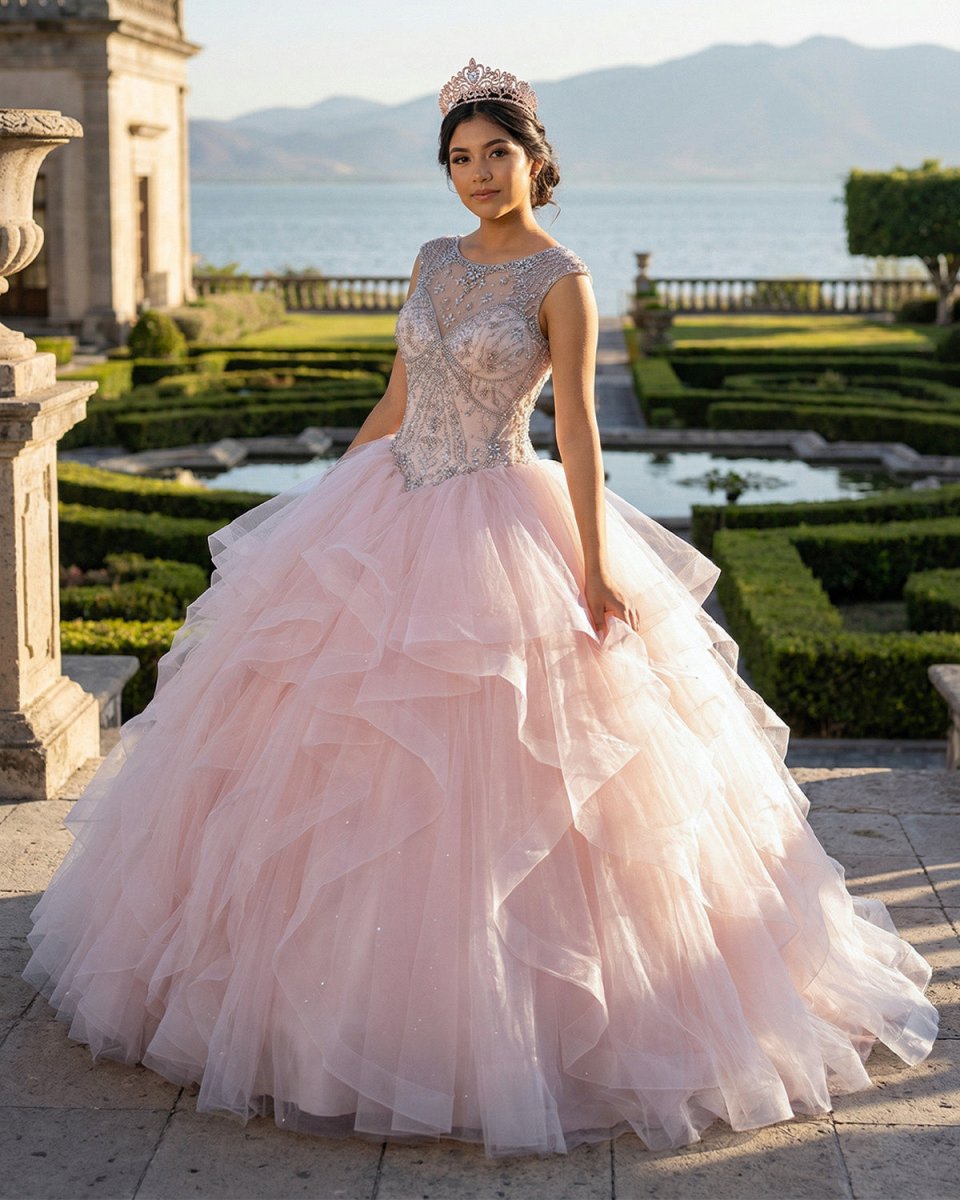 Ball Gown See Through Neck Tulle Blush Pink Quinceanera Dresses - KissProm