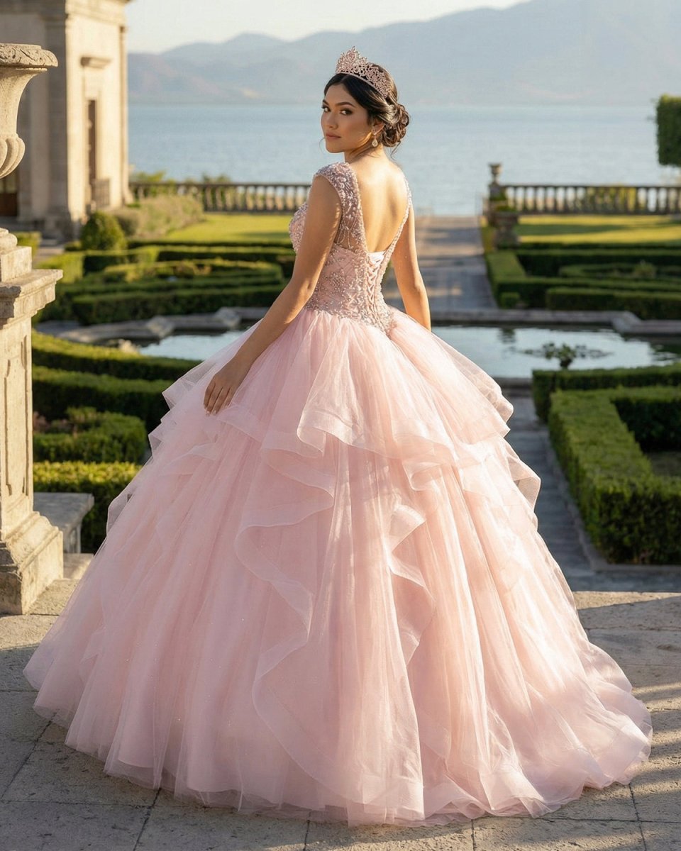 Ball Gown See Through Neck Tulle Blush Pink Quinceanera Dresses - KissProm