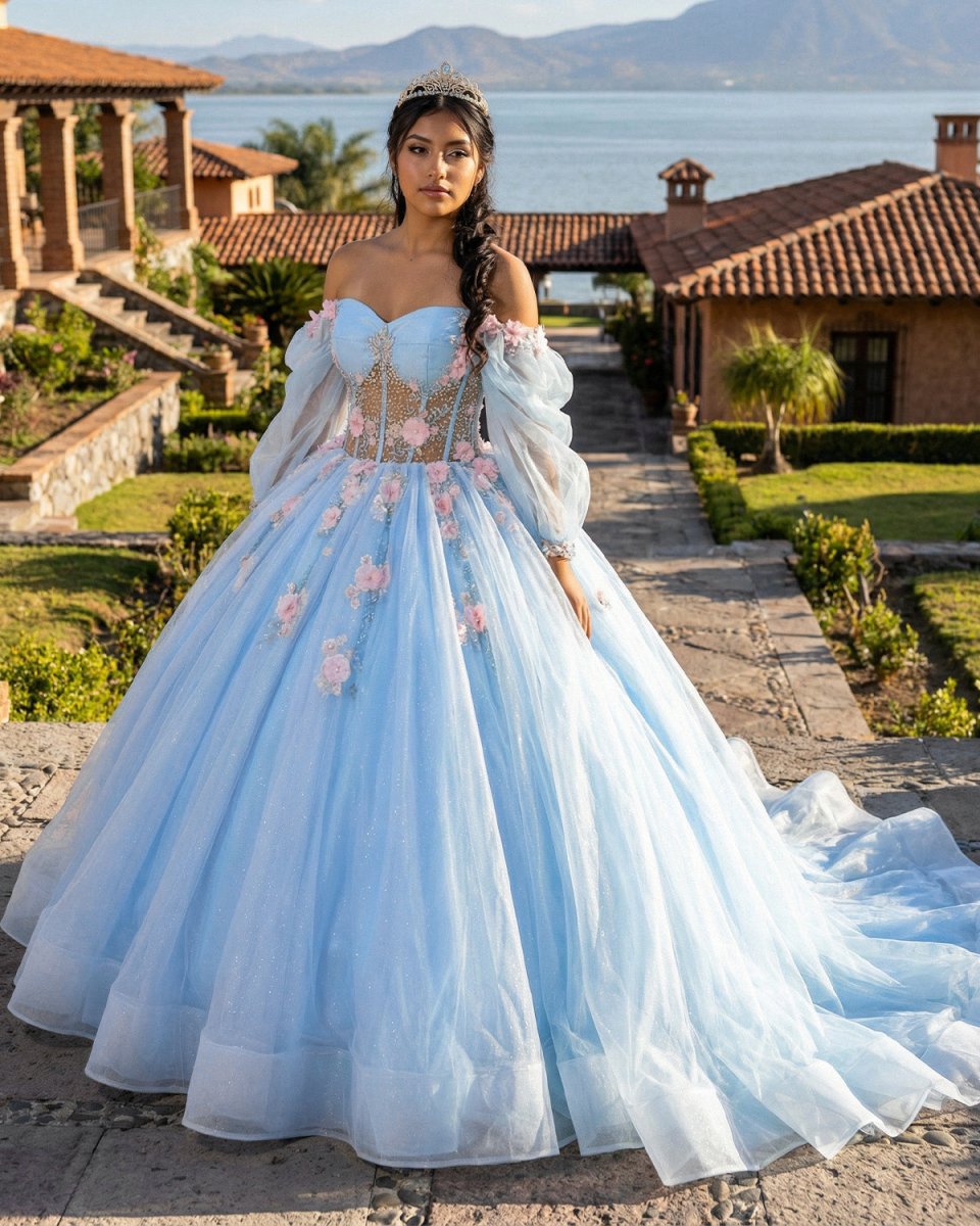 Puffy Blue Organza Ball Gown Beaded Off - the - Shoulder Quinceanera Dress - KissProm