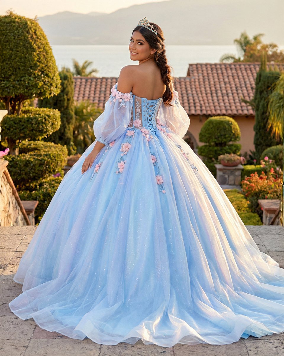Puffy Blue Organza Ball Gown Beaded Off - the - Shoulder Quinceanera Dress - KissProm