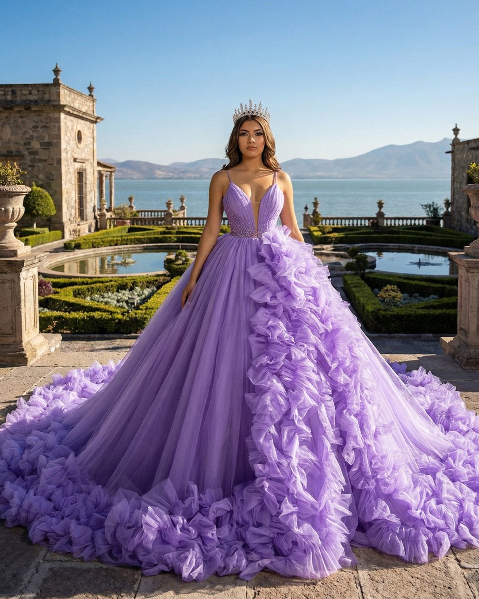 Purple A - line V Neck Tulle Ball Gown Purple Princess Dress - KissProm