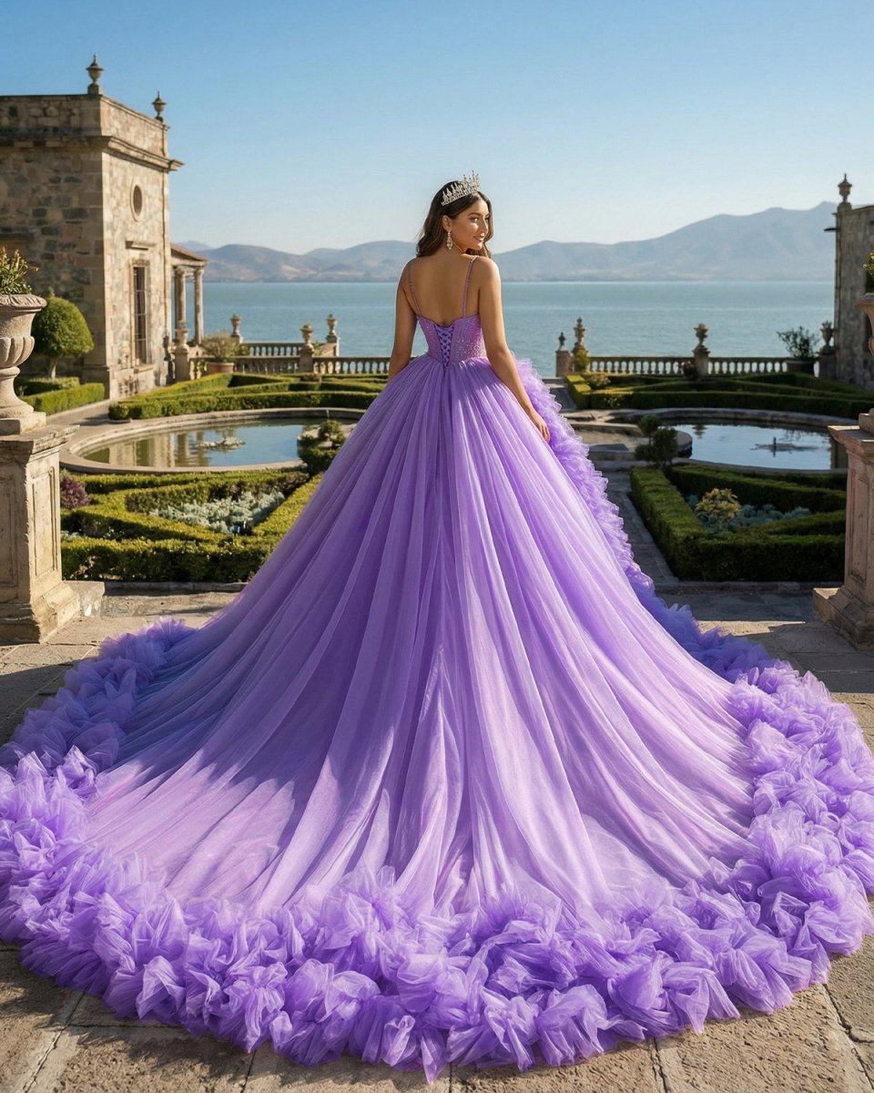 Purple A - line V Neck Tulle Ball Gown Purple Princess Dress - KissProm