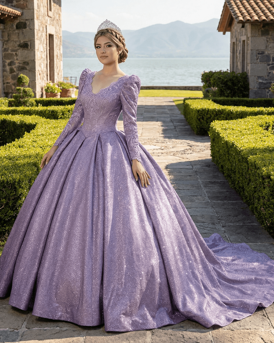 Purple Long Sleeve Full Gather Skirt A Line Party Ball Gown - KissProm
