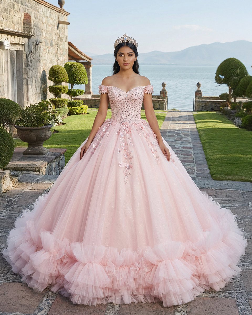 Quinceanera Ball Gown Off - the - Shoulder Sequined Pink Dress - KissProm