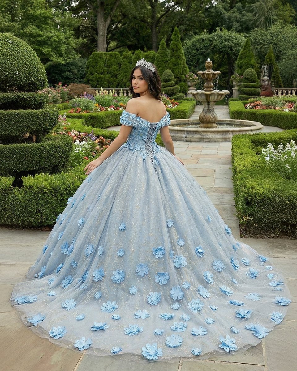 Quinceanera Blue Off - the - Shoulder Ball Gown Flower Dress - KissProm