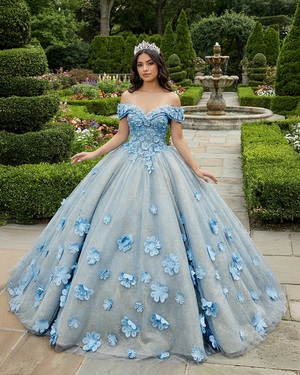 Quinceanera Blue Off - the - Shoulder Ball Gown Flower Dress - KissProm