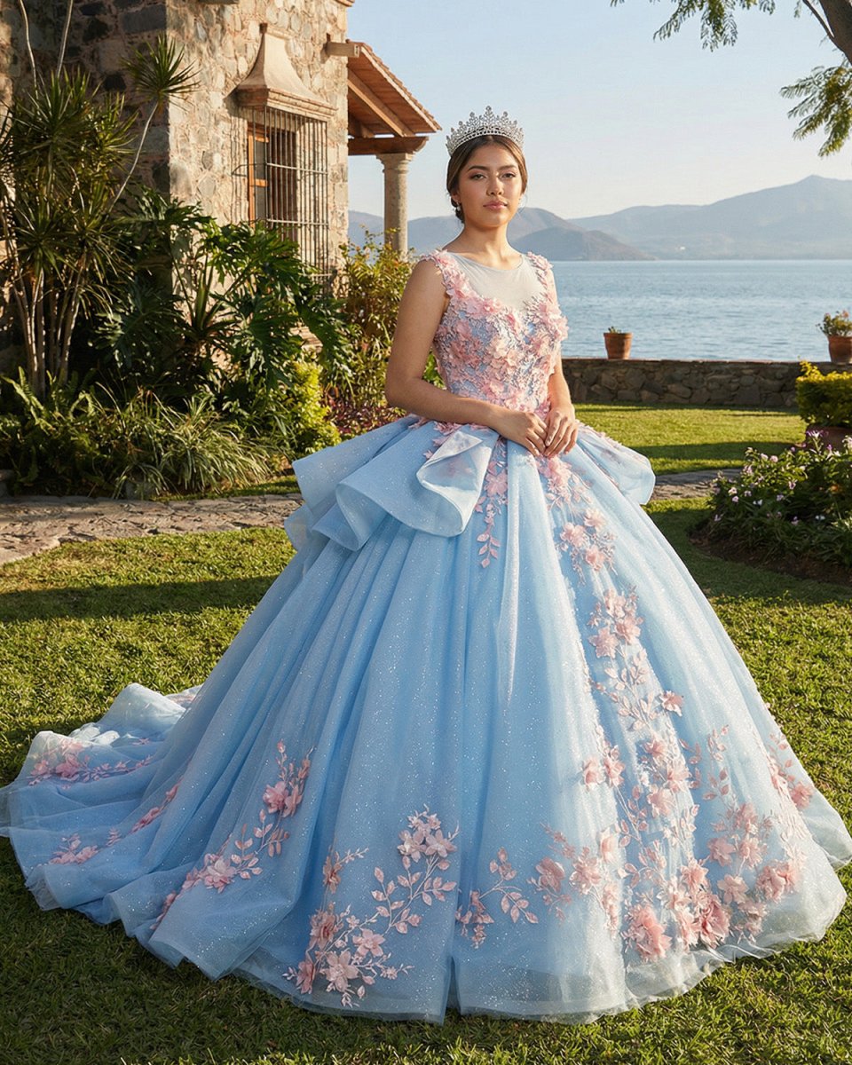 Quinceanera Sky Blue Flower Ball Gown Dress - KissProm