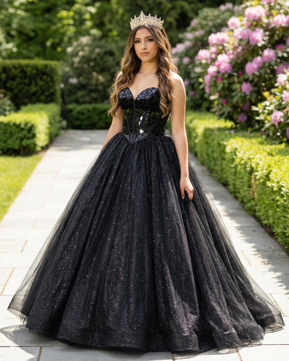 Glitter Tulle Sweetheart Black Long Quinceanera Dresses - KissProm