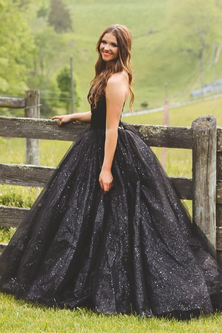 Glitter Tulle Sweetheart Black Long Quinceanera Dresses - KissProm