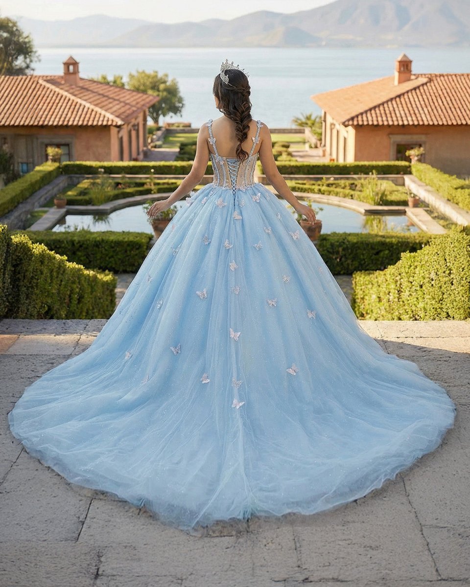 Quinceanera Dresses Spaghetti Straps Beading with 3D Butterfly Appliques - KissProm
