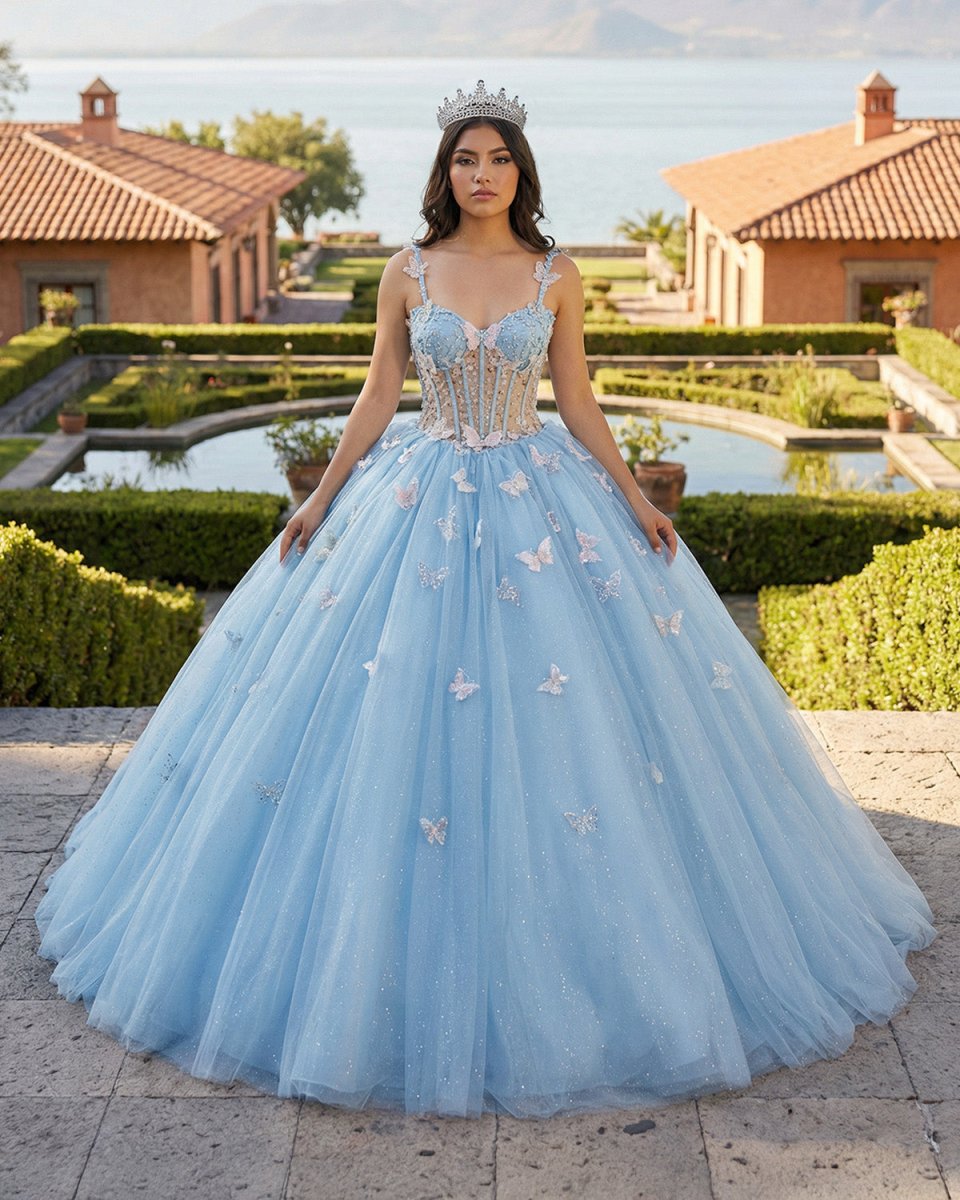 Quinceanera Dresses Spaghetti Straps Beading with 3D Butterfly Appliques - KissProm