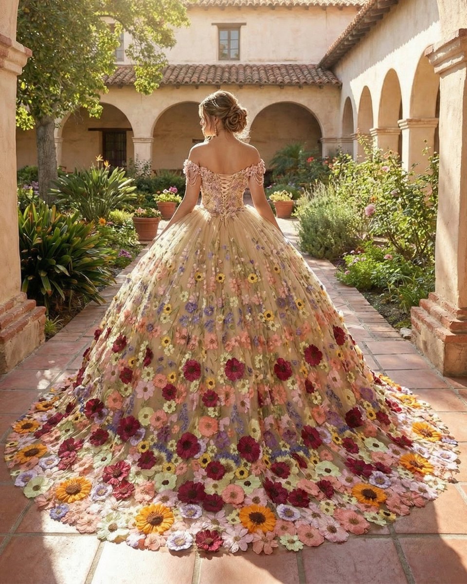 Quinceanera Flower Off - the - Shoulder Ball Gown Dress - KissProm