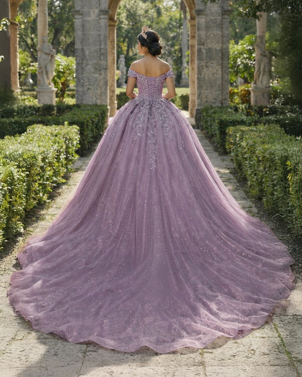 Purple Off - the - Shoulder Quinceanera Dresses with Flower - KissProm