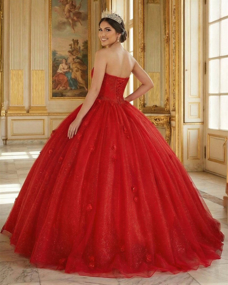 Red 3D Flowers Glitter Sequins Sleeveless Quinceanera Dresses - KissProm