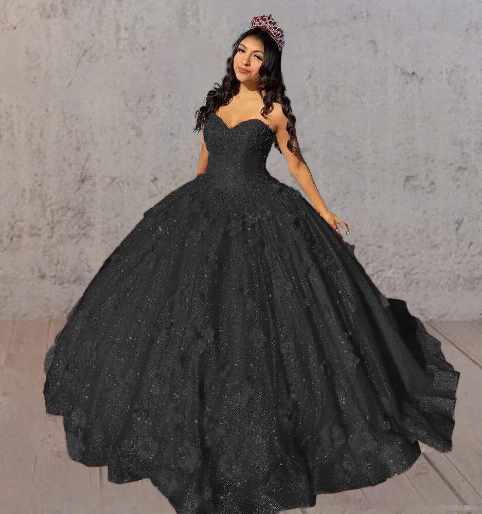 Red 3D Flowers Glitter Sequins Sleeveless Quinceanera Dresses