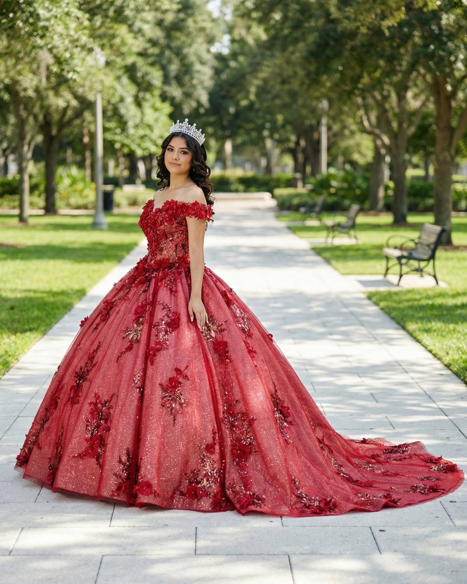Red Flower Off - the - Shoulder Quinceañera Dress - KissProm