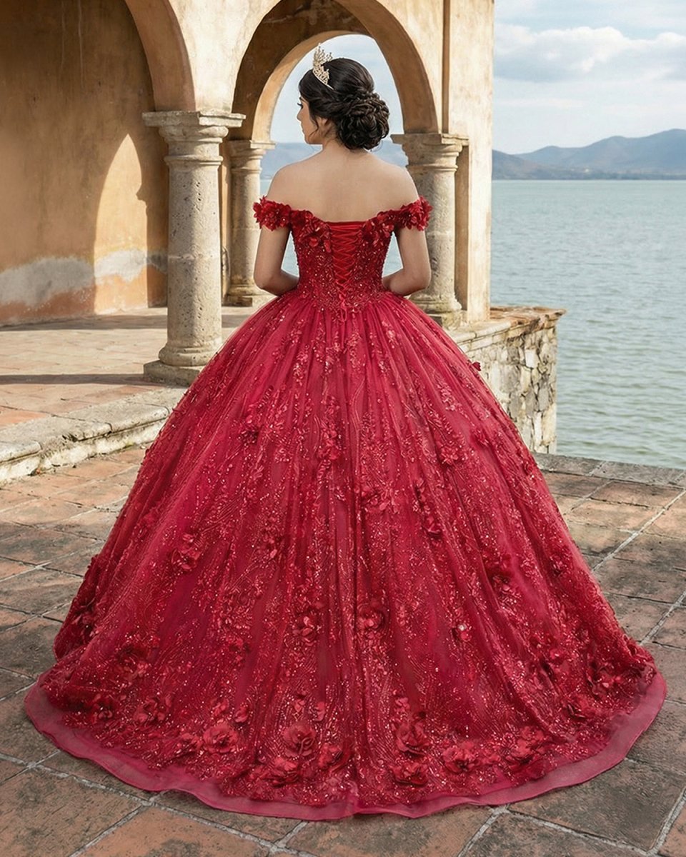Red Quinceanera Dress Ball Gown Sequined Flowers - KissProm