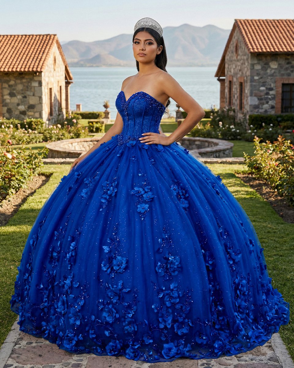 Royal Blue Ball Gown Quinceanera Dress With 3D Flowers - KissProm