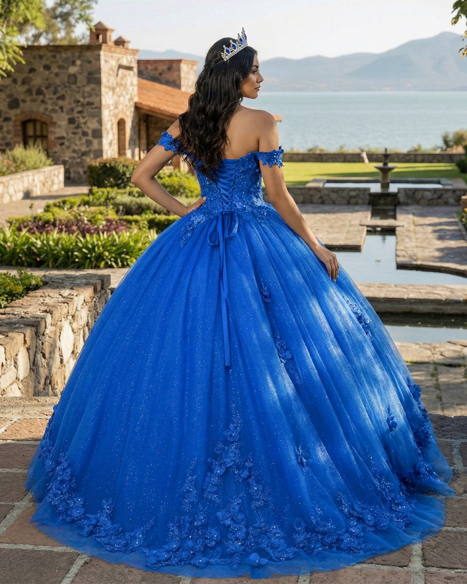 Royal Blue Off - Shoulder Ball Gown With Flowers Tulle Quinceanera Dress - KissProm