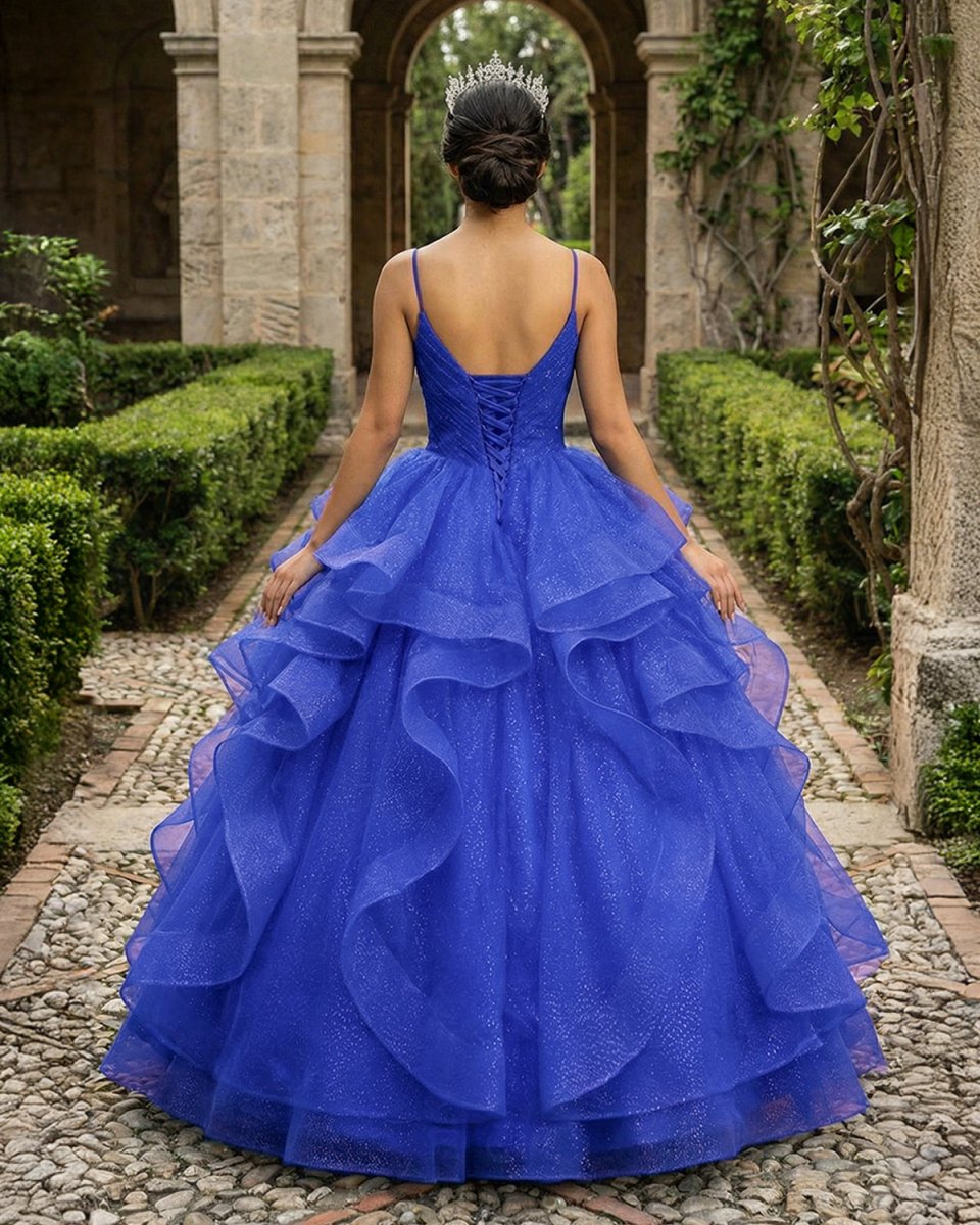 Royal Blue V Neck Tulle Quinceanera Dresses With Ruffles - KissProm