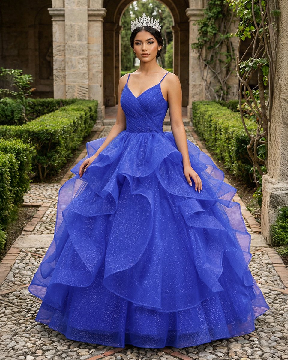 Royal Blue V Neck Tulle Quinceanera Dresses With Ruffles - KissProm