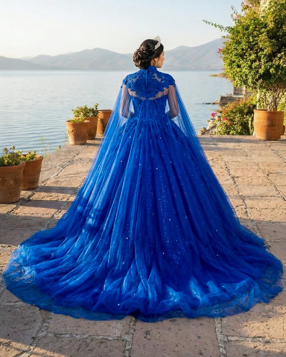 Royal Blue Tulle Ball Gown Prom Dress With Cape - KissProm