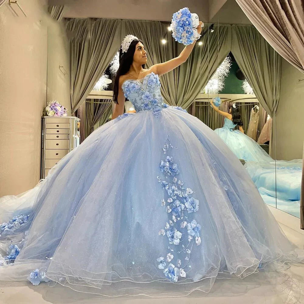 Sky Blue Tulle Ball-Gown Strapless Sleeveless Quinceanera Dresses