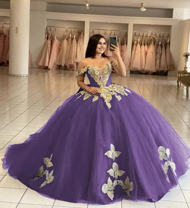 Royal Blue Off the Shoulder Quinceanera Dresses with Appliques - KissProm