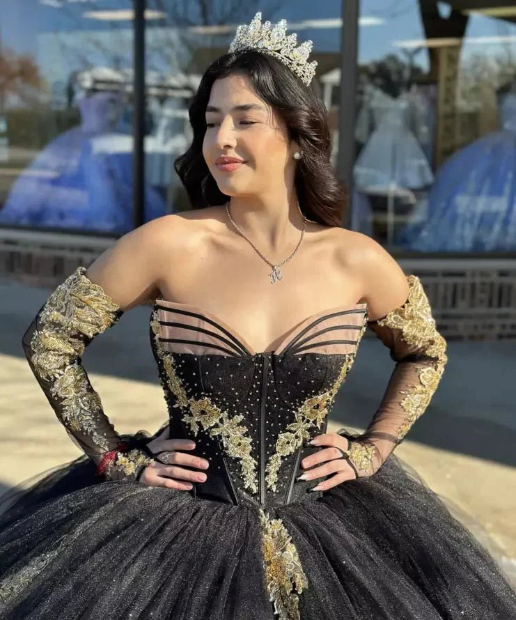 Black Long Sleeves Strapless Quinceanera Dresses with Appliques - KissProm