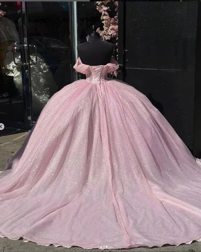 Carine | Glitter Off The Shoulder Pink Ball Gown Quinceanera Dresses