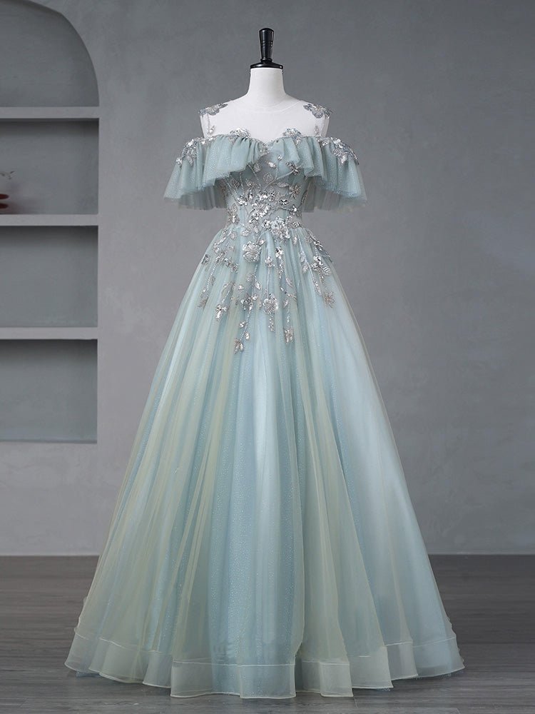 A-Line Blue Tulle sequin Lace Long Lace Sweet Quinceanera Dress