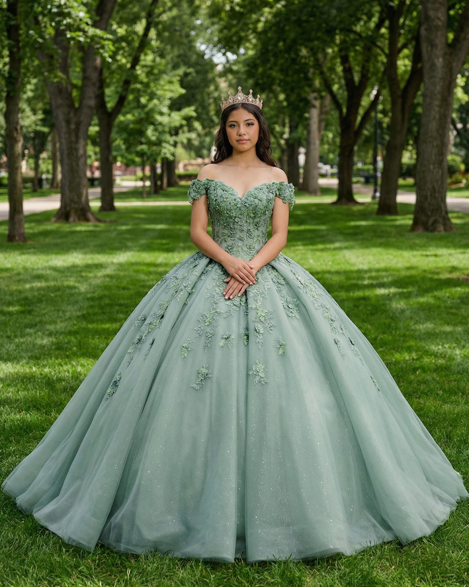 Sage Green Ball - Gown Off - the - Shoulder Quinceanera Dresses - KissProm
