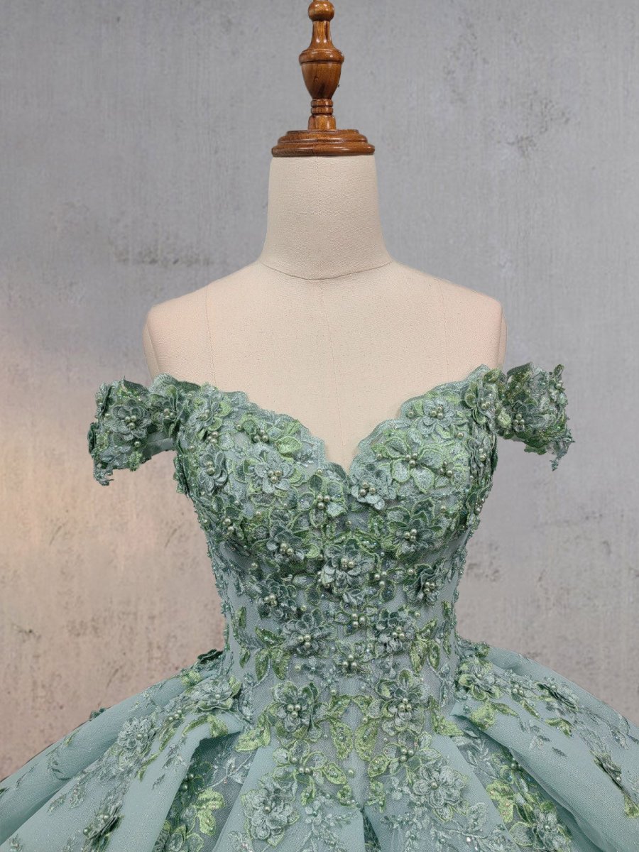 Sage Green Ball - Gown Off - the - Shoulder Quinceanera Dresses - KissProm